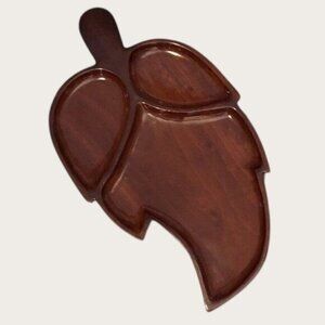 Vintage Wood Leaf Shaped Divided Serving Tray Dish Mid-Century MCM Charcuterie